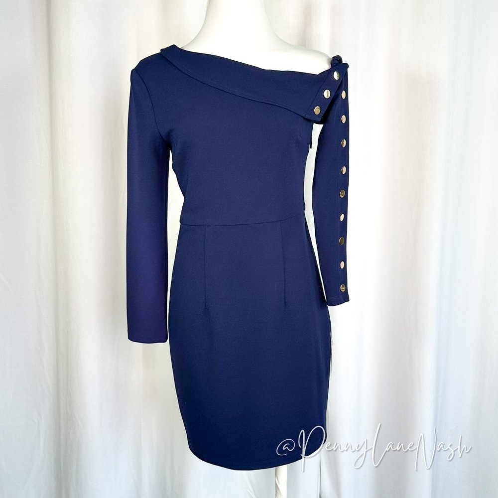 NWT Lumier by Bariano Asymmetric Gold Button Cocktail Dress Navy